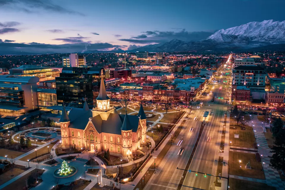 Aerial view of Provo, Utah with mountains in background